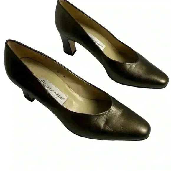 Etienne Aigner Women's Vintage Metallic Green Brown Leather Pumps Size 9 - Picture 1 of 14
